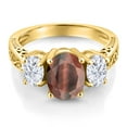 thumbnail image 3 of Gem Stone King 18K Yellow Gold Plated Silver 3-Stone Ring Tiger Eye Moissanite (2.50 Cttw), 3 of 6