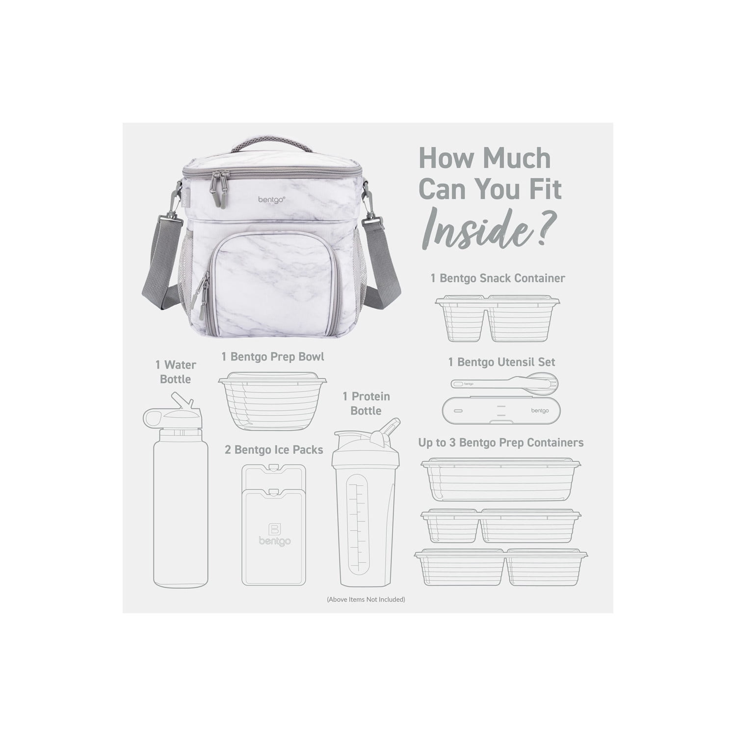 Bentgo Prep Deluxe Insulated Multimeal Bag - Lunch Box Bag, Holds 5 Meals, Premium Insulation up to 8 Hrs, Durable, Water-Resistant - Large Capacity For Adult Meal Prep (White Marble)