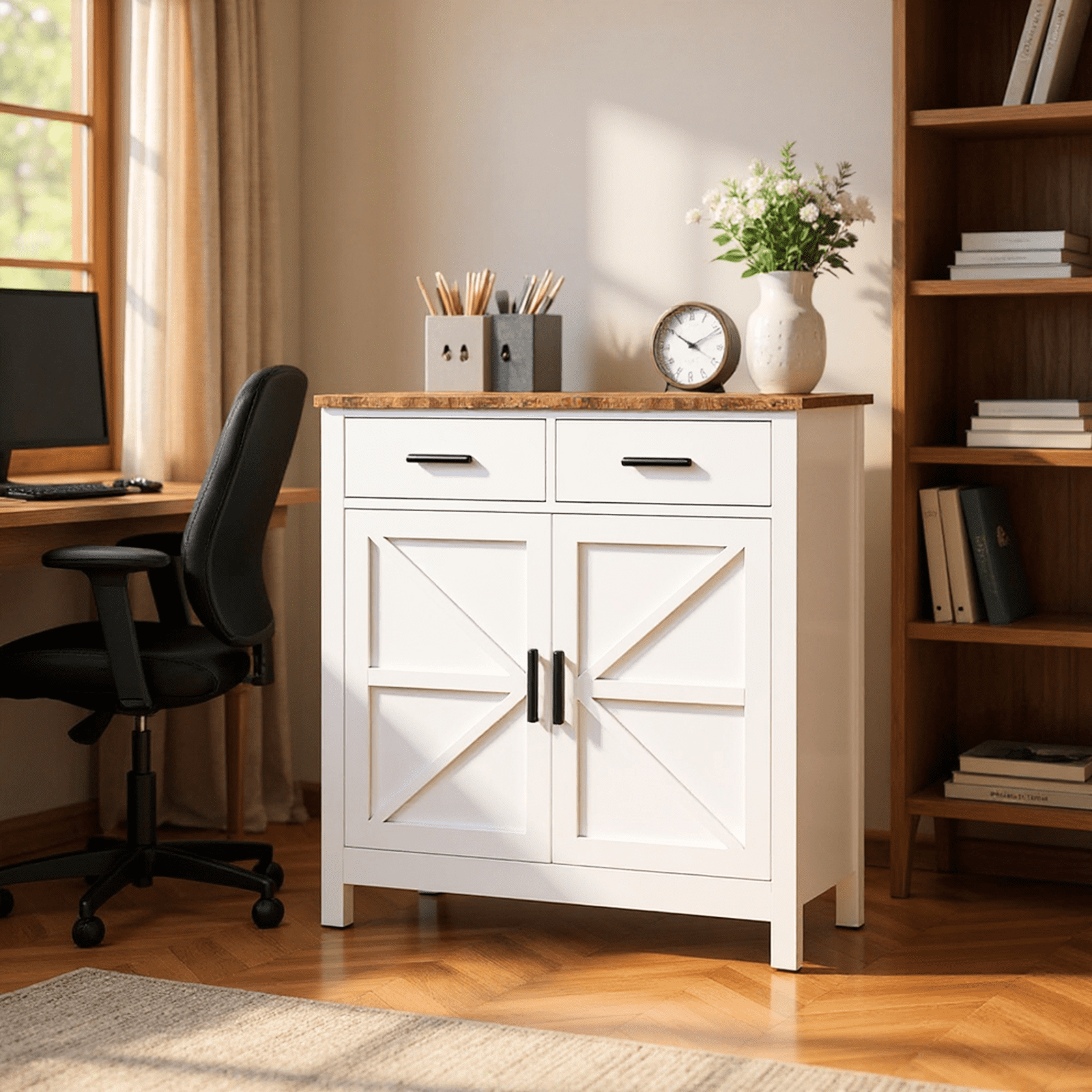 Homy Casa Farmhouse Storage Cabinet with 2 Drawers and Double Doors, Buffet Sideboard for Kitchen, White