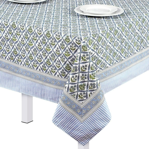 60'''' x 84'''' Cotton Tablecloth Handmade Cotton Floral Tablecloth Washable Print Rectangle Table Cover with Dust Proof Wrinkle Resistant for Kitchen Dining Party Buffet(Blue,Light Steel)