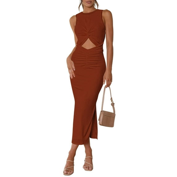 Coduop Women Sleeveless Crew Neck Long Dress,Ruched Hollow Out Party Dress,One-piece