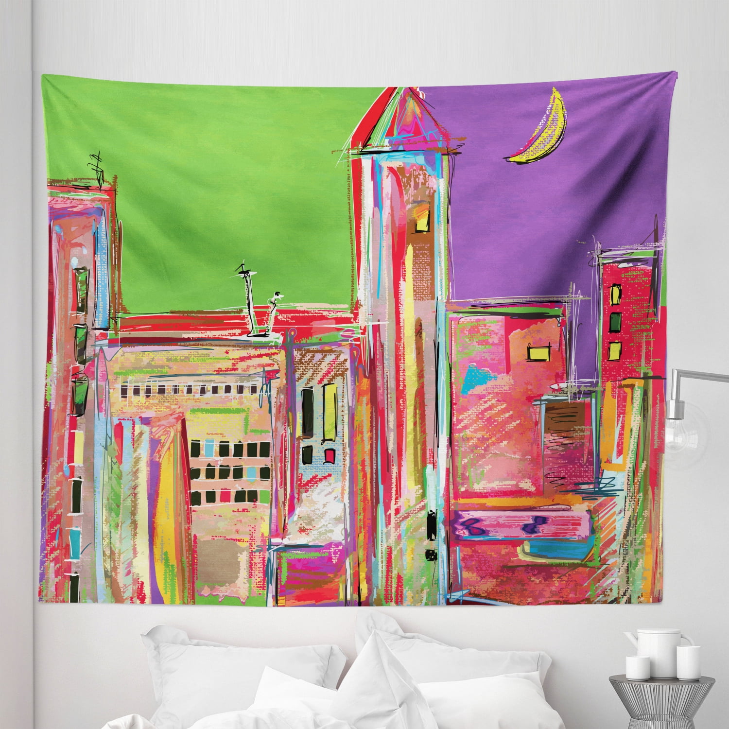 Fine Art Tapestry, Pastel Toned Quirky Purple Skyline of Urban ...