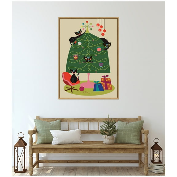 Kate and Laurel Framed Canvas Wall Art Print 'Retro Cats And Christmas Tree' by Rachel Lee, 28 x 38 Sylvie Natural Frame, Mid Century Modern, Holiday Art for Wall Decor