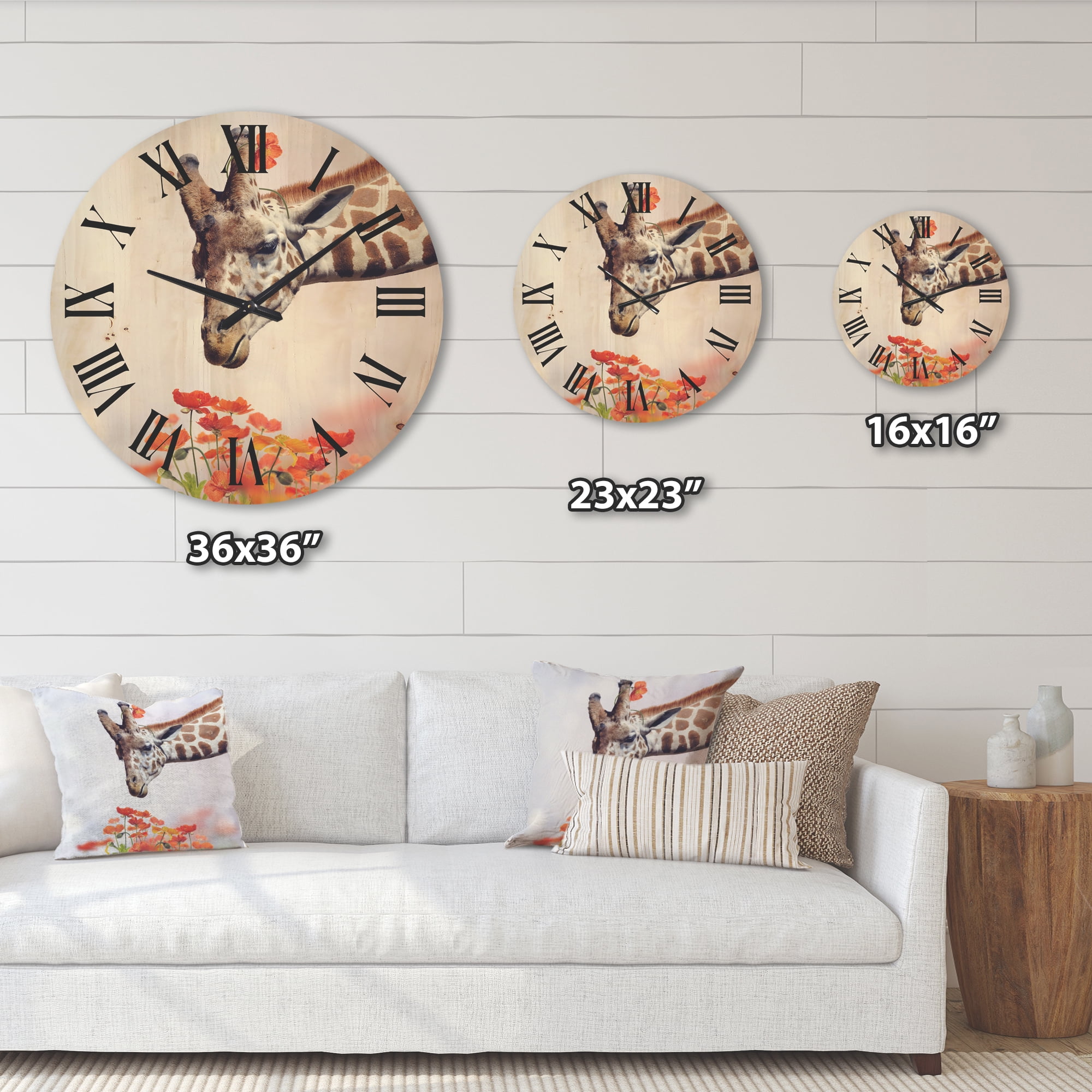 Designart 'Portrait of A Giraffe With Orange Flowers' Farmhouse Wood Wall Clock