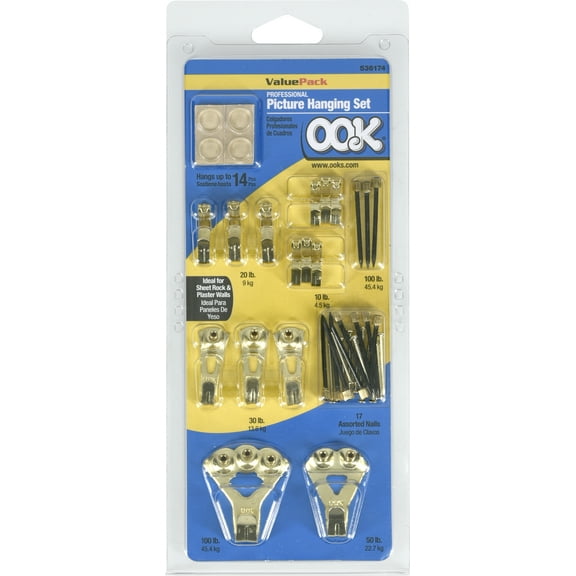 OOK 536174 Professional Picture Hanger Value Pack Kit, Steel, Brass Finish, 100lb, 18 Piece