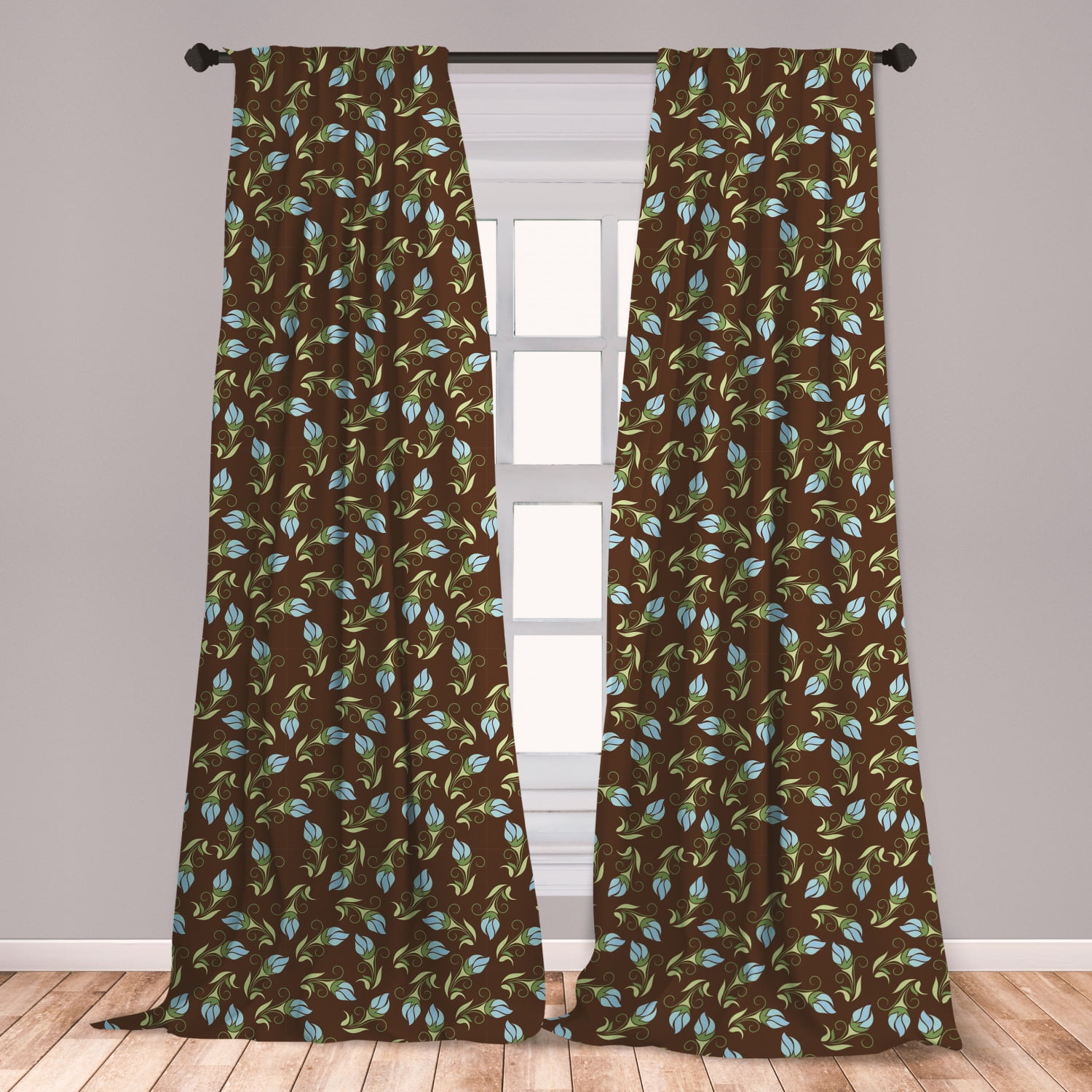 Green and Brown Curtains 2 Panels Set, Floral Abstract Illustration