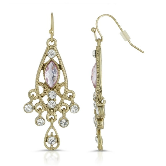 1928 Jewelry Teardrop Filigree Pink Crystal & Clear Crystal Charm Chandelier Earrings