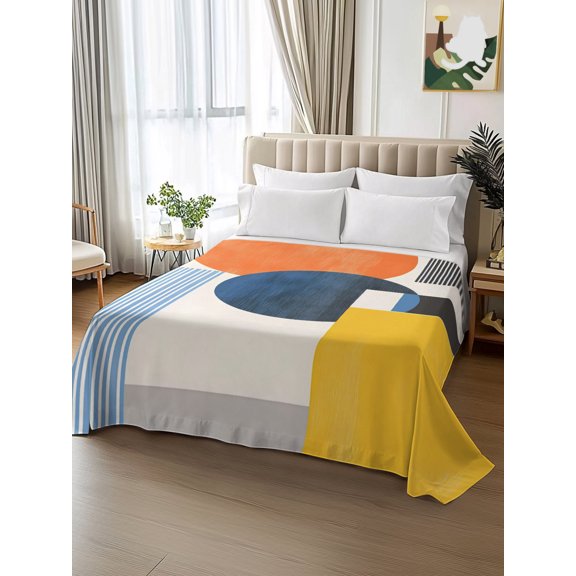 King Size Flat Sheet Only,Mid-Century Orange Color Block Stripe Soft Top Bed Sheets Breathable Bedding Sheet Abstract Geometric Microfiber Hotel Luxury Top Sheets