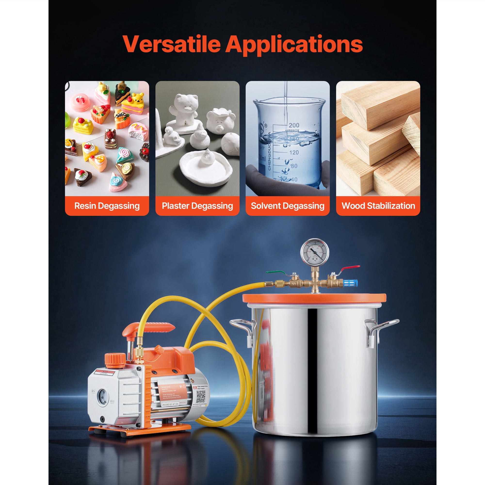 KFFKFF 3 Gallon Vacuum Chamber Kit with Pump, Stainless Steel, Tempered Glass Lid, 5 ft Hose
