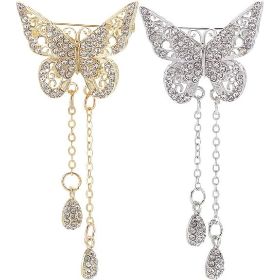 2Pcs 2 Colors Hollow Butterfly Brooch Pin with Pendant Butterfly Lapel Pin Rhinestone Teardrop Tassel Brooches Jewelry Gifts Birthday Gifts for Women for diy