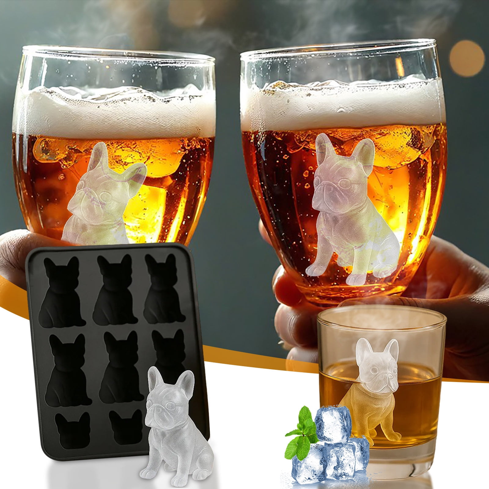 French Bulldog Ice Mold - 3D Silicone Dog Shape Ice Tray, 9 Hole Molds with Homemade Drink Decoration, Fun Cute Novelty Animal Shape 3D Popsicle Molds for Bulldog Lover, Whiskey Party Drinks