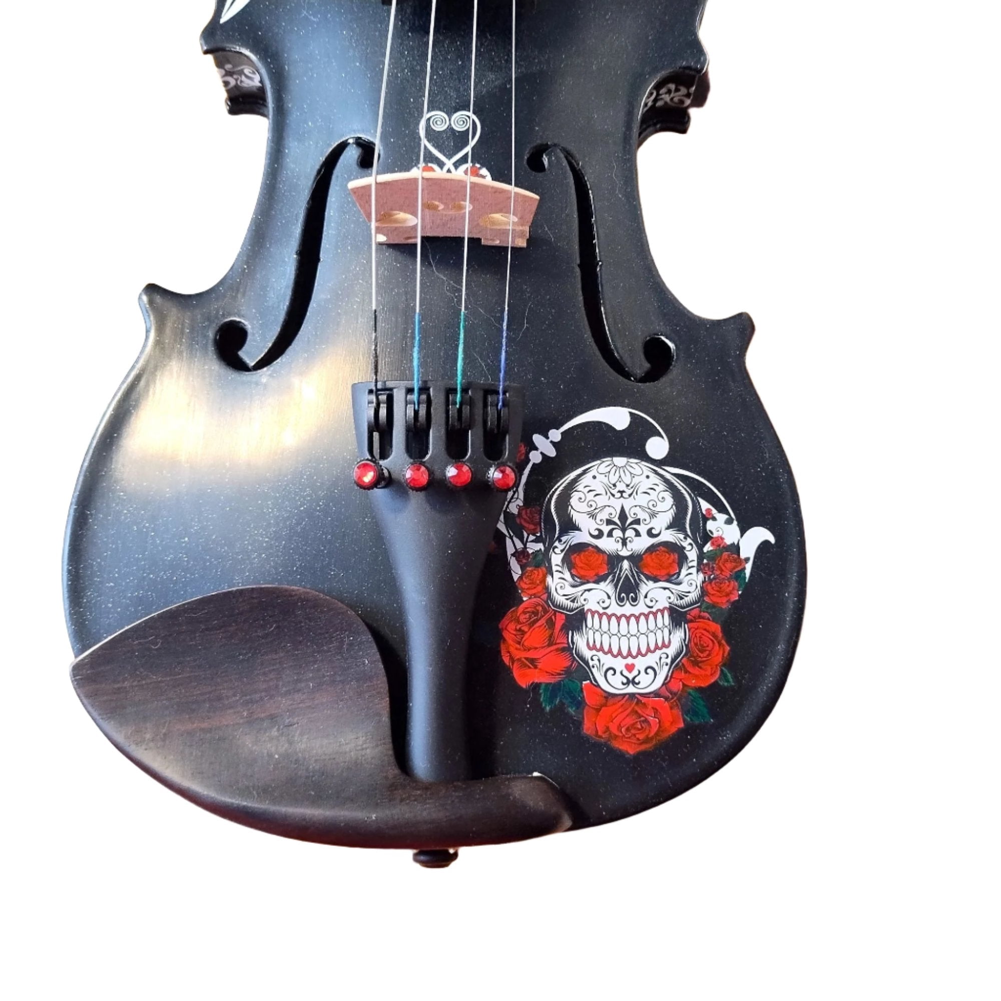 Cinco de Mayo Black Glitter Violin w Carbon Fiber Bow Case Crystal Fine Tuners Rosin Strings Set Up