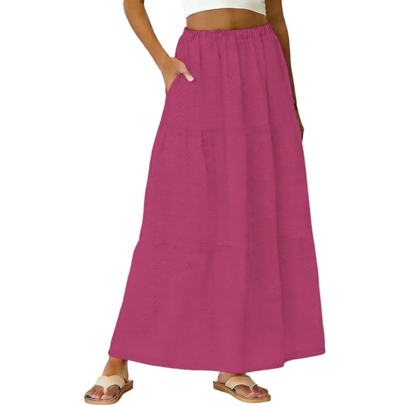Tmtolofot Hollow Out Skirts for Women High Waisted Ruched Maxi Skirt Tummy Control Casual Long Skirts Fashion Trendy Outfits Spring Summer Beach Vacation Cover Ups Sun Dress|Pink|M