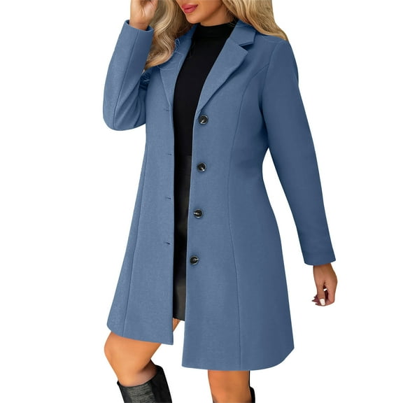 QSAWXQZ Women's Fleece Lined Mid Length Pea Coat Long Sleeve Single Breasted Jacket Lapel Collar Winter Overcoat Navy L