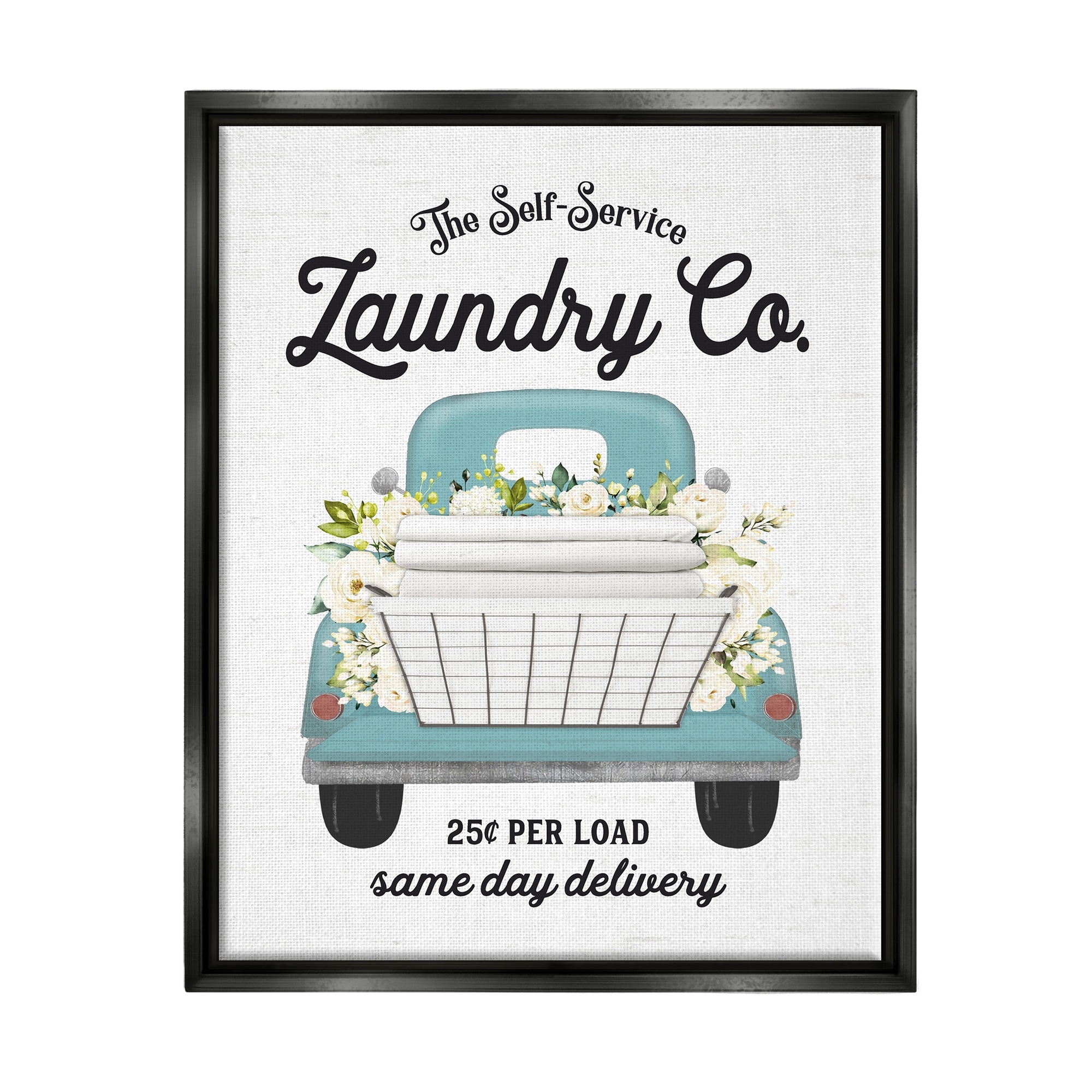 Stupell Industries Self Service Laundry Co. Antique Truck Flower Arrangement Graphic Art Jet Black Floating Framed Canvas Print Wall Art, Design by Lettered and Lined