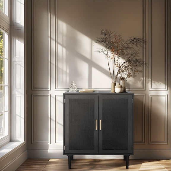 Sideboard Buffet Kitchen Storage Cabinet with Black Painted Rattan Decorated Doors