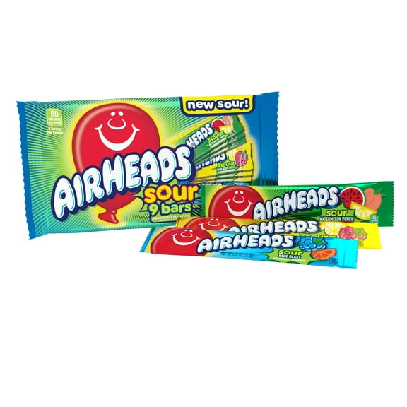 Airheads Sour Full-Size Candy Bars, Taffy Candy Assorted Bag, Individually Wrapped Candy, Three Assorted Flavors, 9 Count Bag