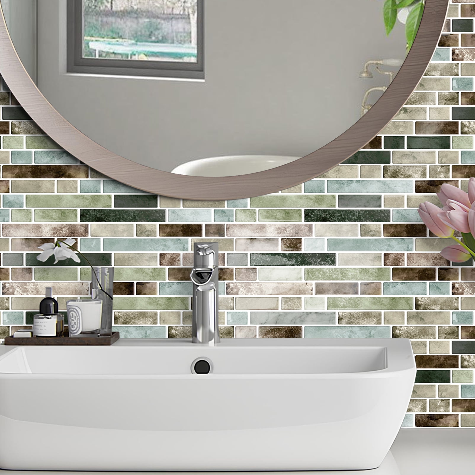 DEWOO Thick Kitchen Peel and Stick Tile Backsplash, Stick on Wall Tiles, 12"x12" Self Adhesive Sticky 3D Wall Marble Tiles Bathroom (10-Sheet，Green Brown)