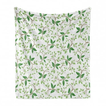 Leaf Soft Flannel Fleece Throw Blanket, Ivy Patterns with Tiny Green Leaves Branches Creme Contemporary Illustration, Cozy Plush for Indoor and Outdoor Use, 60" x 80", Green Brown, by Ambesonne