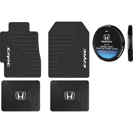 - 5 Piece Honda Civic Logo Black ALL Weather Heavy Duty Rubber Front Rear Floor Mats & Steering Wheel Cover Universal Car
