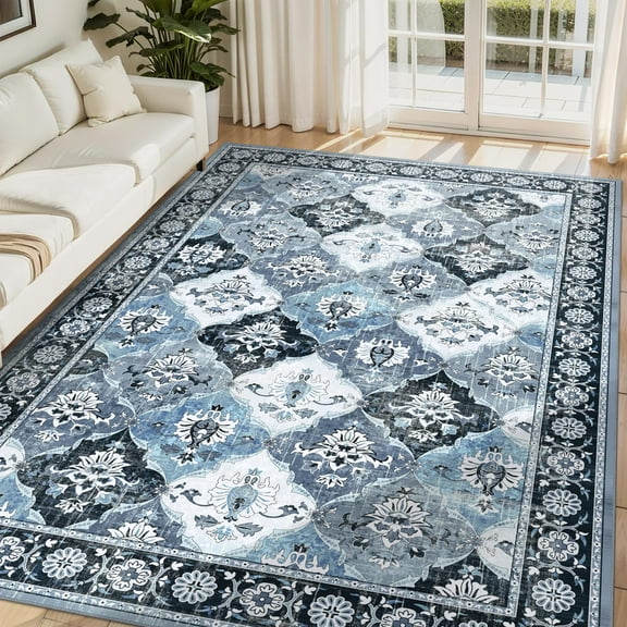 Findosom Vintage Area Rug 6x9 Washable Living Room Rug,Non-Slip Soft Floor Carpet Rug Stain Resistant Distressed Indoor Rug for Living Room Kitchen, Entryway, Dining Room Blue