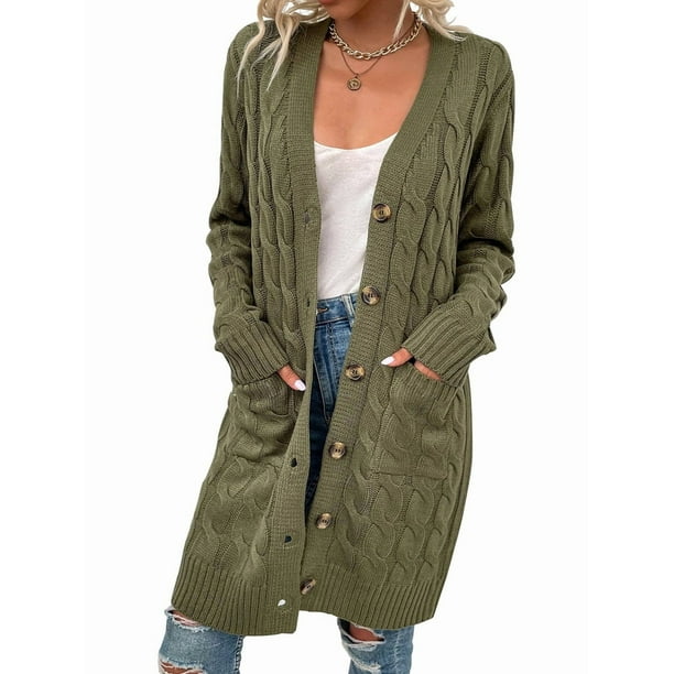 Suéter Cárdigan de Larga para Mujer, Otoño e Invierno, Tejido de Punto , con Botones Delanteros, Abrigo Verde M