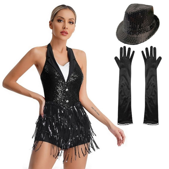 Aiihoo Women Sparkly Sequins Tuxedo Ballet Gymnastics Leotard Ballroom Latin Jazz Dance Dress Black XXL