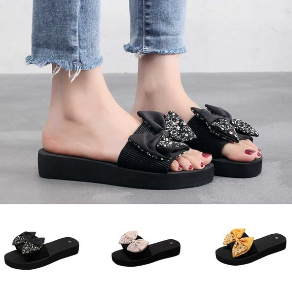Jacenvly 2024 New New Summer Flip-Flops Linen Floral Bow Flat Sandals Black Sandals for Women
