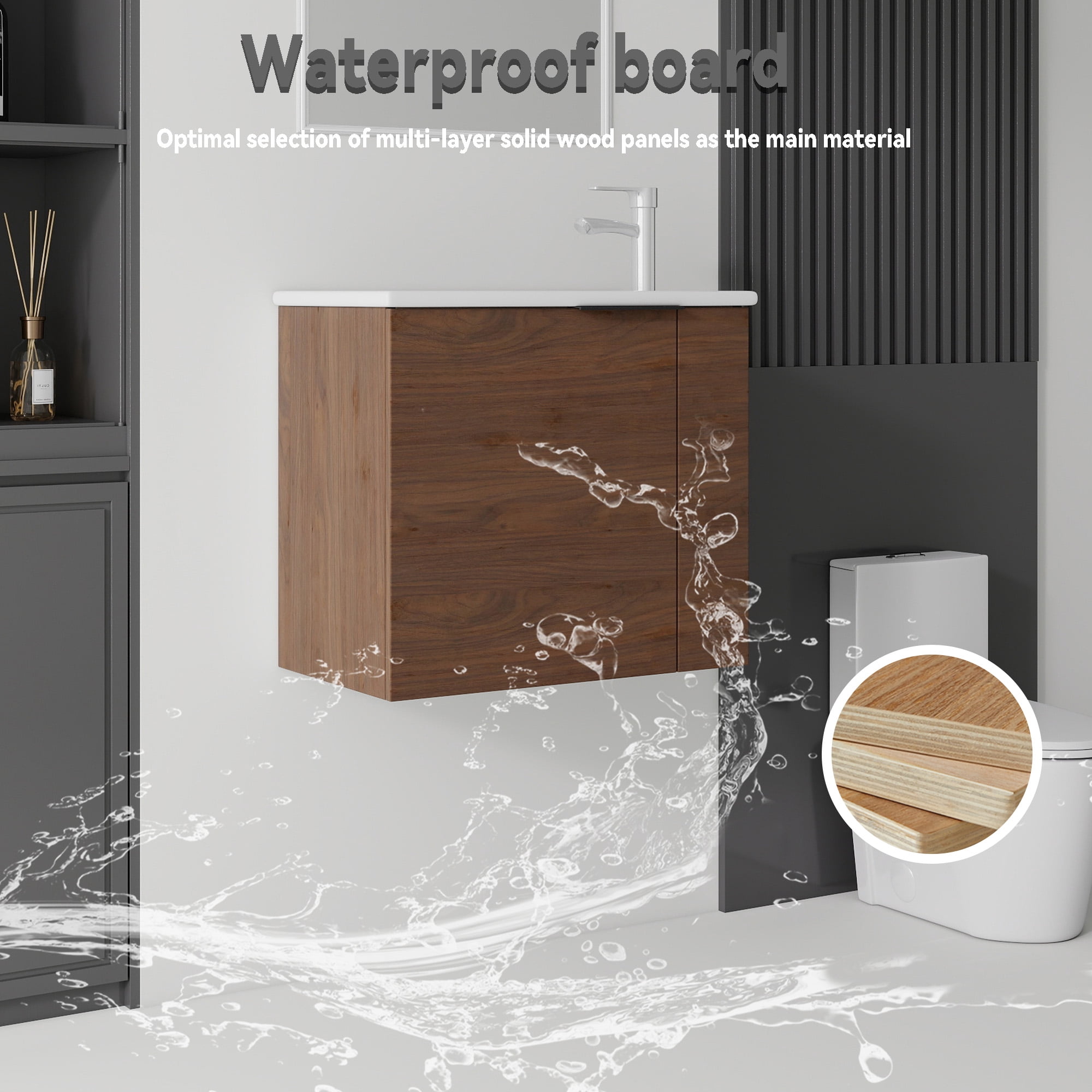 Leumius 22" Floating Bathroom Vanity with Ceramic Sink & Soft-Close Doors,Wall-Mounted Vanity for Small Space,Bathroom,Brown
