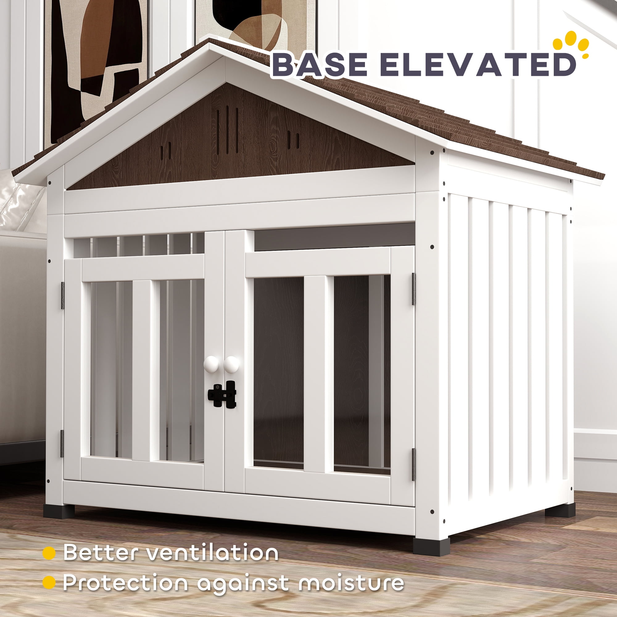 PawHut 40"L Dog House Outdoor Indoor, Wooden Dog Kennel for Small, Medium, Large Dogs, with Air Vents & Elevated Removable Floor, Magnetic Doors