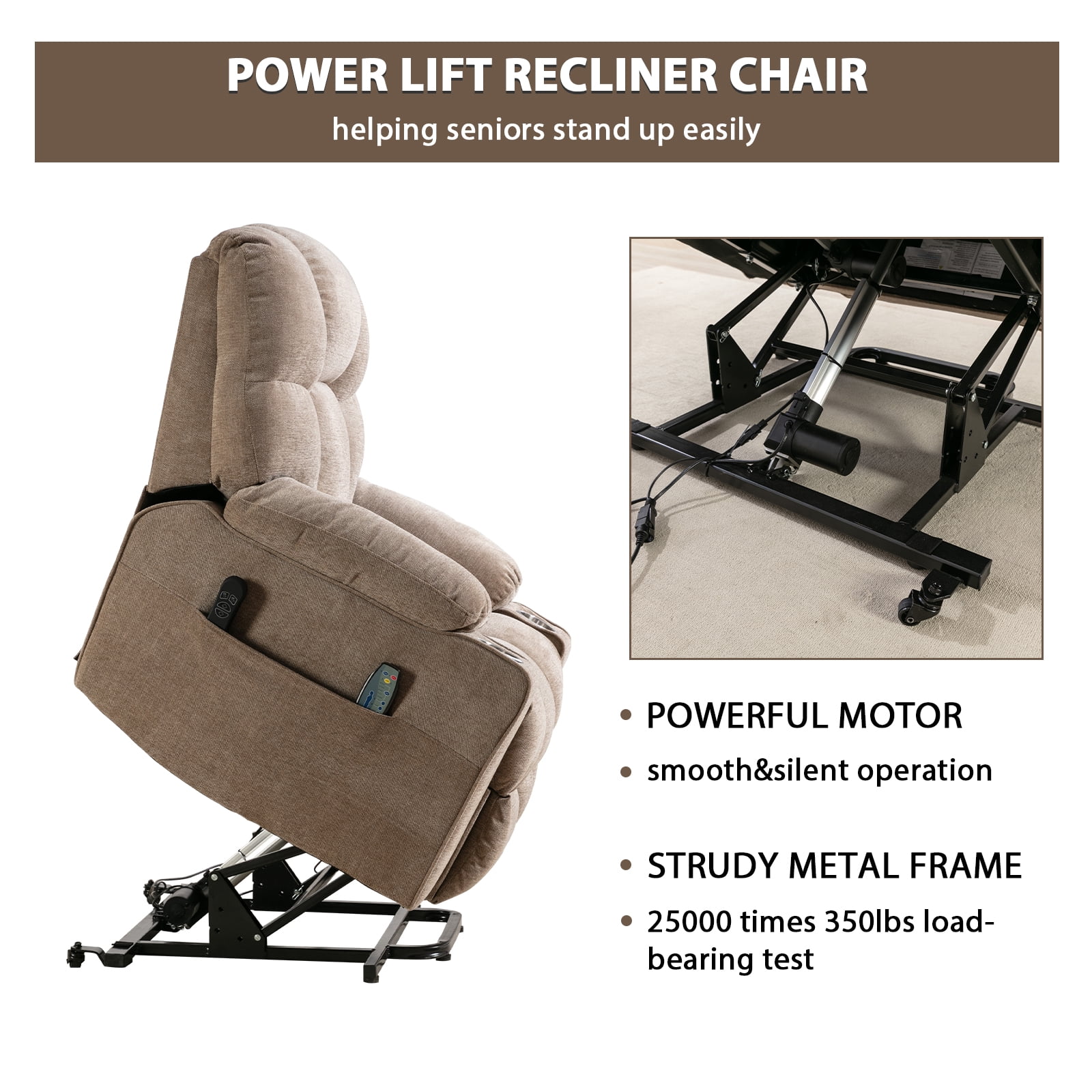Bonzy Home Oversized Power Lift Recliner,Elderly Lift Chair with Heat Therapy and Massage Function,Remote Control,Side Pocket,Living Room Camel