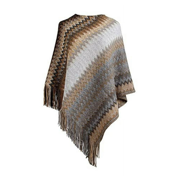 StylesILove Women Autumn Winter Knitted Zig-Zag Pullover Fringe Poncho Sweater Soft Wrap Cape Lightweight Shawl (Beige)