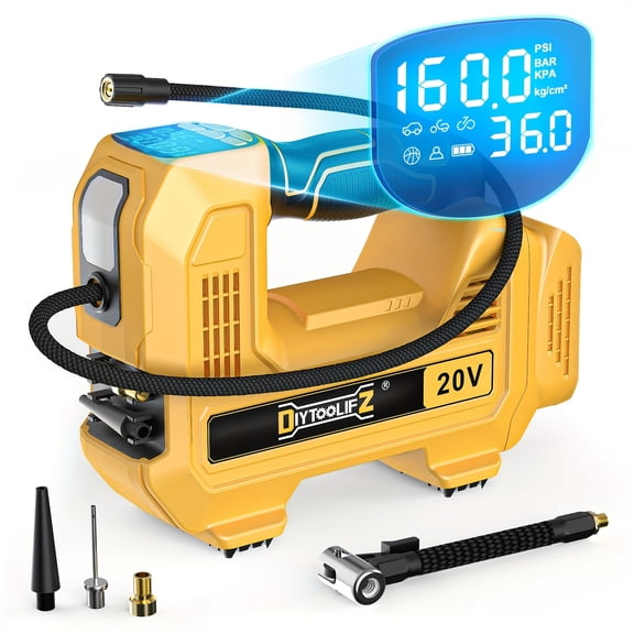 DIYtoolifz 160PSI Cordless Tire Inflator Compatible with Dewalt 20V Battery,Automatic Shut Off, LED Light, Digital Pressure Gauge for Cars Motorcycles Ball (Tool Only)
