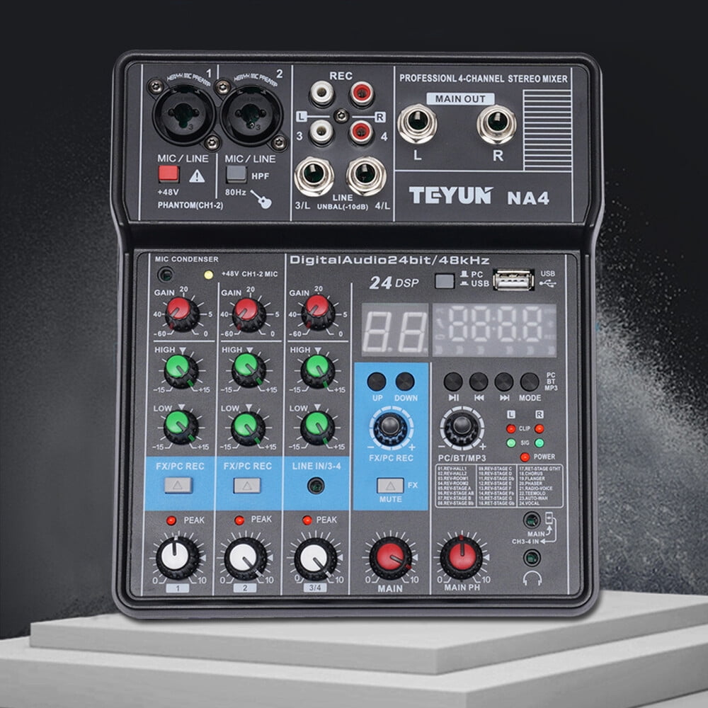 4 Channel Audio Mixer,Professional Sound System Mixer Board DJ Mixing Console,48V Phantom Power Audio Mixer,Bluetooth,Volume Fader,Professional Audio Mixer for Studio Karaoke Live Music