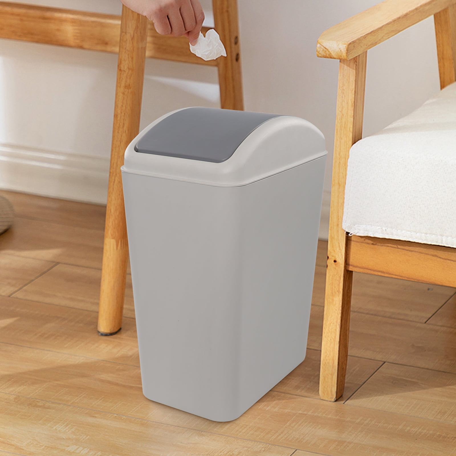 CadineUS 15 Liters Plastic Garbage Bin Trash Can with Swing Lids, Waste Bin Set of 3, Grey