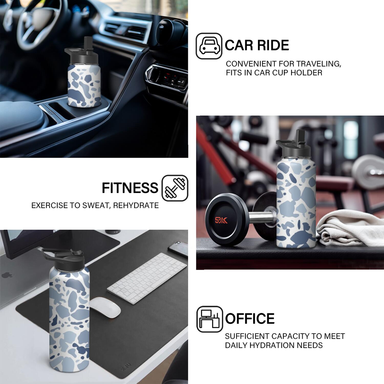 Camouflage Insulated Stainless Steel Water Bottle with Straw & Cleaning Brush – 18/32/40 Oz | Leakproof, BPA-Free, 304 Stainless Steel, Wide Mouth, Travel Mug for Car, Gym, Office