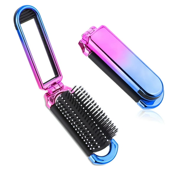ACDANC Mini Travel Hair Brush, Small Foldable Hairbrush Compact Hair Brush with Mirror and Round Tip Nylon Bristles for Women and Men, Portable Pocket Size Comb for Car Purse (Gradient Color)
