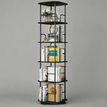 5 Tier Rotating Bookshelf, 360° Spinning Bookshelf Tower,Space Saving Floor Standing Corner Storage Organizer for Small Spaces, Square Revolving Bookcase for Home Office Living Room, Black