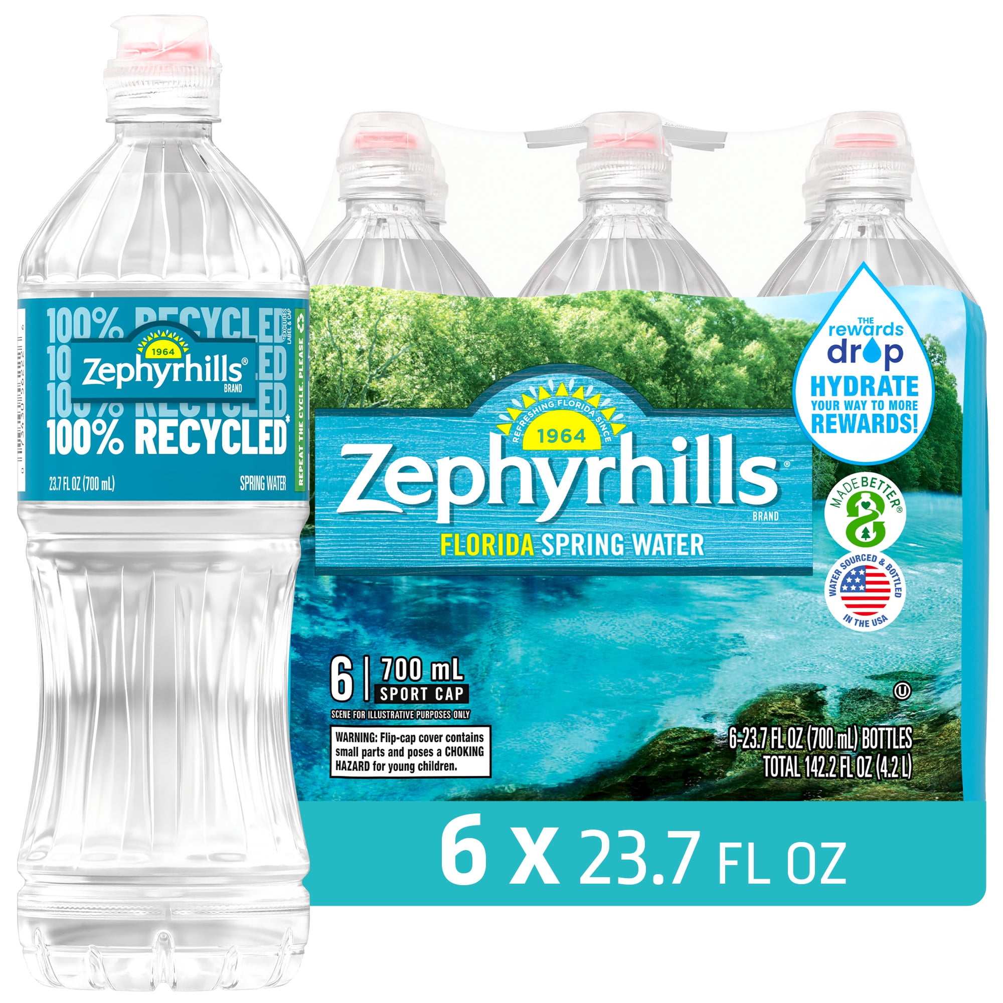 Zephyrhills Florida Spring Water, Sport Cap, 23.7 fl oz, 6-pack Plastic Bottles