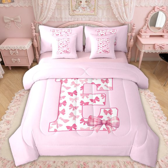 Erosebridal Bow Letter E Twin Bedding Sets for Girls, Pink Initial Ribbon Bedding Comforter Set, Pink Reversible, 7-Piece