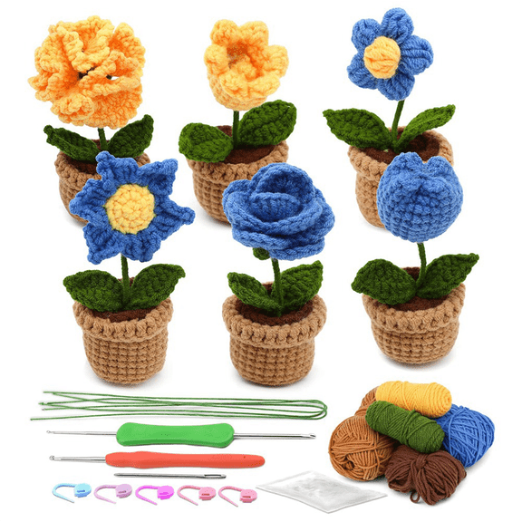 New Arrivals 6Pcs Crochet Potted Flowers Kit, Complete Kit for Beginners