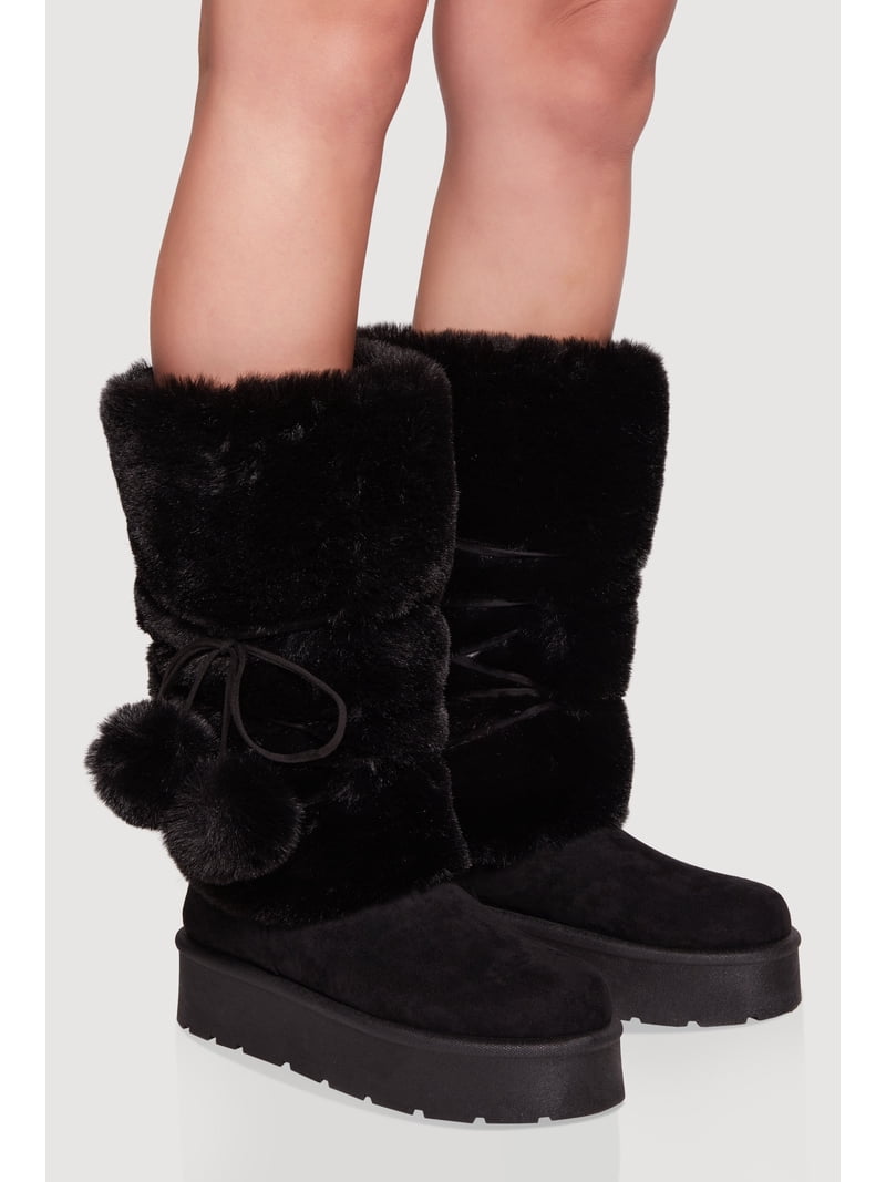 Women's Faux Fur Cuff Lace Up Platform Boots with Pom Poms