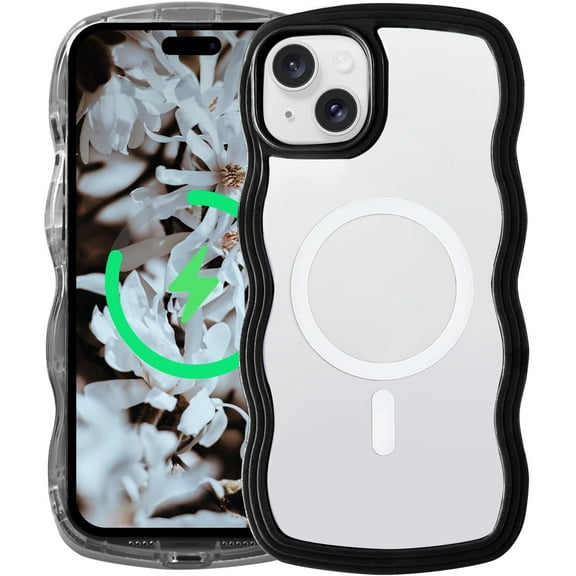 Magnetic Case Candy Wave Frame Case for iPhone 13/iPhone 14 6.1 inch, Cute Curvy Case Compatible with Magsafe Shockproof Cover Non-Yellowing Clear Case Slim Fit Case for Women Girl-Black