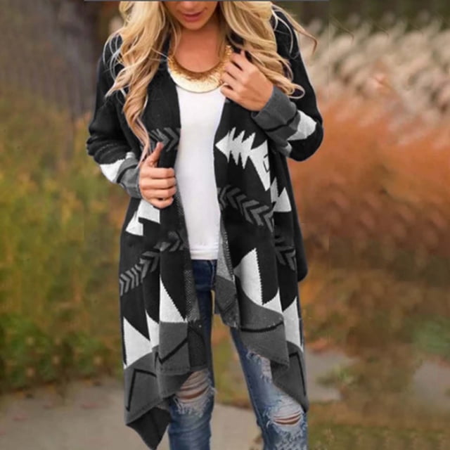 jsaierl Cardigan pour Femmes Veste Ouverte à Imprimé Aztèque Hiver Irrégulière à Manches Longues Manteau d'Extérieur