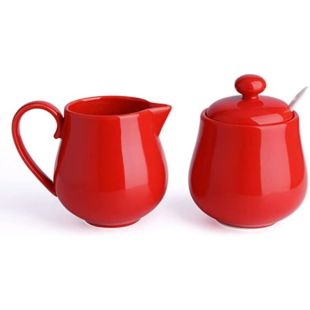 

480.104 Porcelain Sugar and Creamer Set Coffee Serving Set 3 Piece with Cream Pitcher Sugar Bowl with Lid and Spoon Red