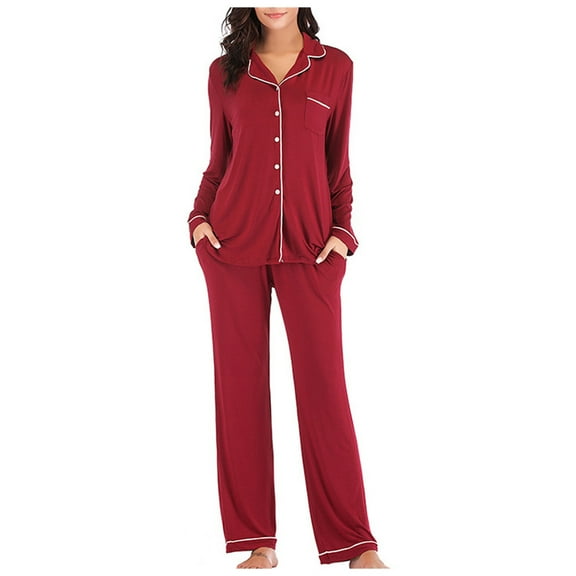 Womens Pajamas Set Long Sleeve Sleepwear Button Down Nightwear Soft Long Pants Pajamas Lounge Sets 2 Piece Pjs