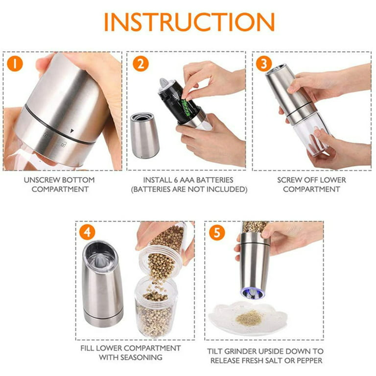 Gravity Salt and Pepper Grinder Set with Adjustable Coarseness Automatic  Pepper and Salt Mill Battery Powered with Blue LED Light,One Hand