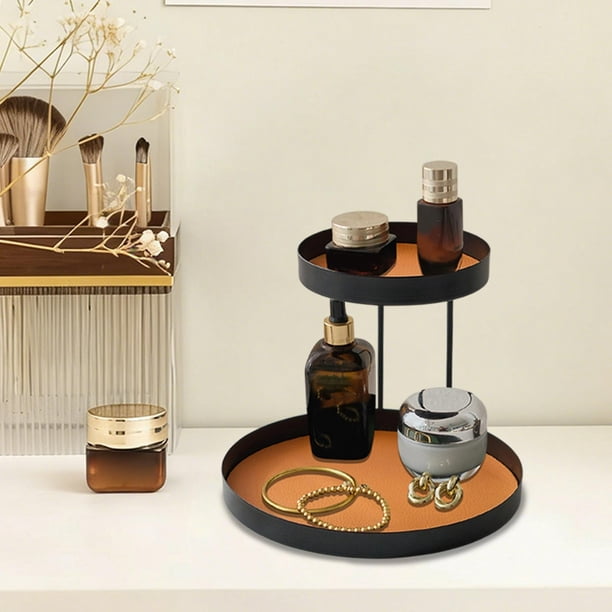 Double Layer Iron Storage Tray Organizer, Jewelry Perfume Makeup Display Rack, Tabletop Countertop Bathroom Kitchen Shelf, Decorative Metal Holder for Cosmetics Accessories Rings Earrings Keys