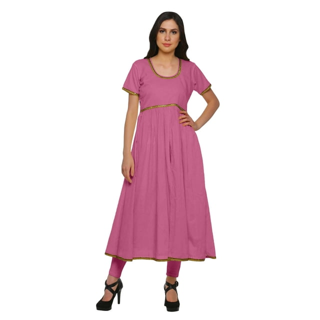Moomaya Robe en Coton pour Femmes Décontractée d'Été à Fente avant Unie à Manches Courtes Kurta