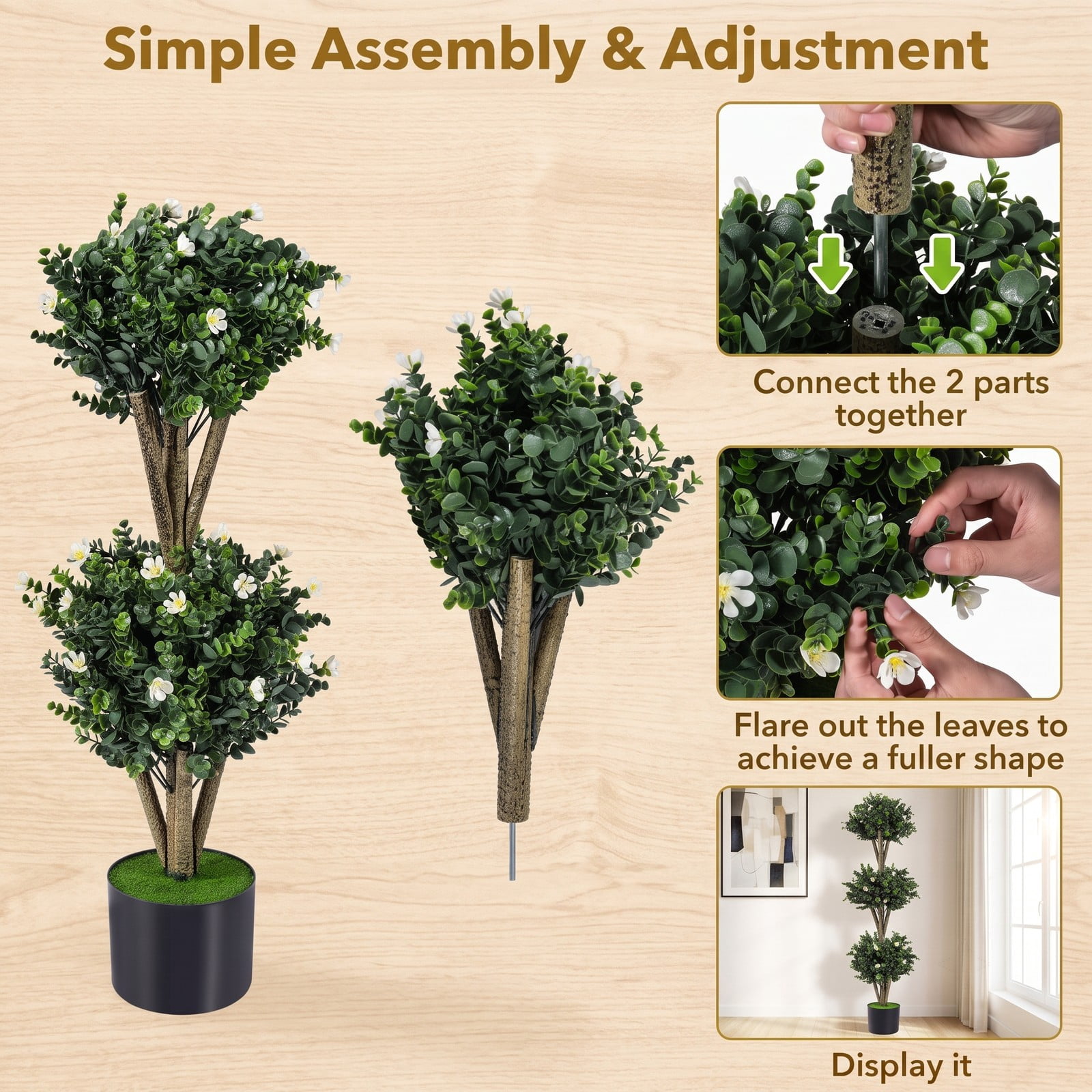 Fenbeli 51 Inch Artificial Triple Ball Boxwood Topiary Tree with 59 White Blossoms, Faux Potted Boxwood Plant with Cement-Filled Pot for Indoor Outdoor Front, White